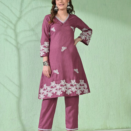 Myshka Women's Embroidered Calf Length Mauve Kurta With Palazzo