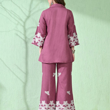 Myshka Women's Floral Embroidered Pink Tunic with Trouser