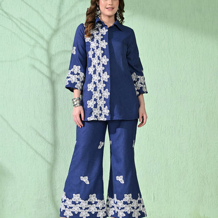 Myshka Women's Floral Embroidered Navy Tunic with Trouser