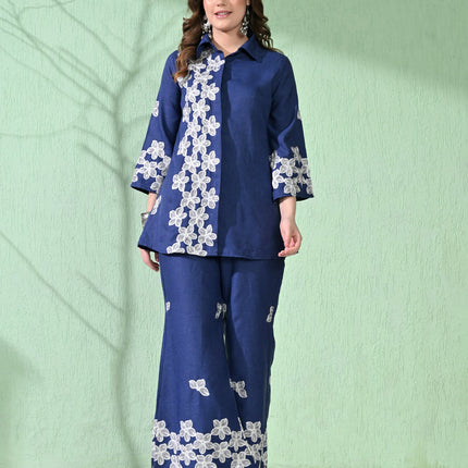 Myshka Women's Floral Embroidered Navy Tunic with Trouser