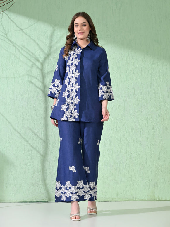 Myshka Women's Floral Embroidered Navy Tunic with Trouser