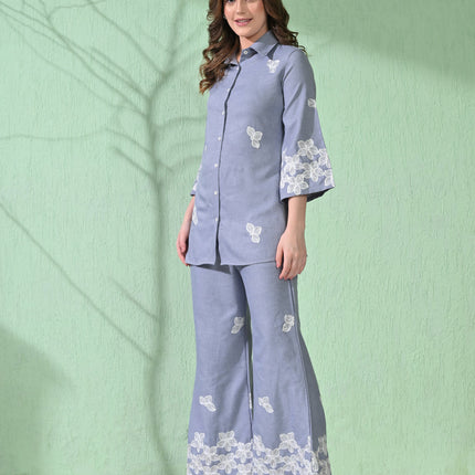 Myshka Women's Floral Embroidered SkyBlue Tunic with Trouser