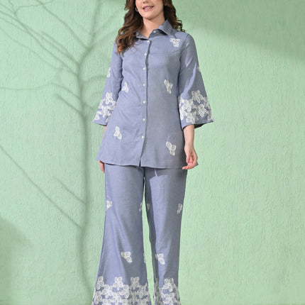 Myshka Women's Floral Embroidered SkyBlue Tunic with Trouser
