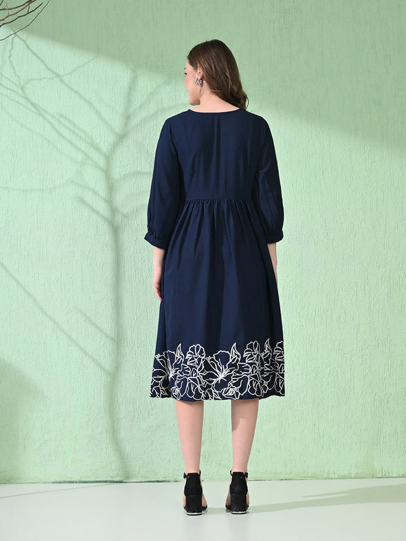 Myshka Women's Flared Knee Length Embroidered Navy Dress