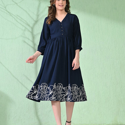 Myshka Women's Flared Knee Length Embroidered Navy Dress