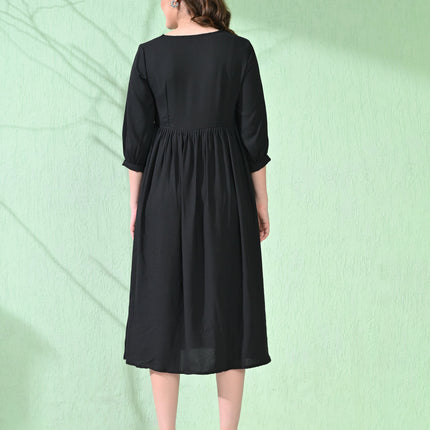 Myshka Women's Flared Knee Length Embroidered Black Dress