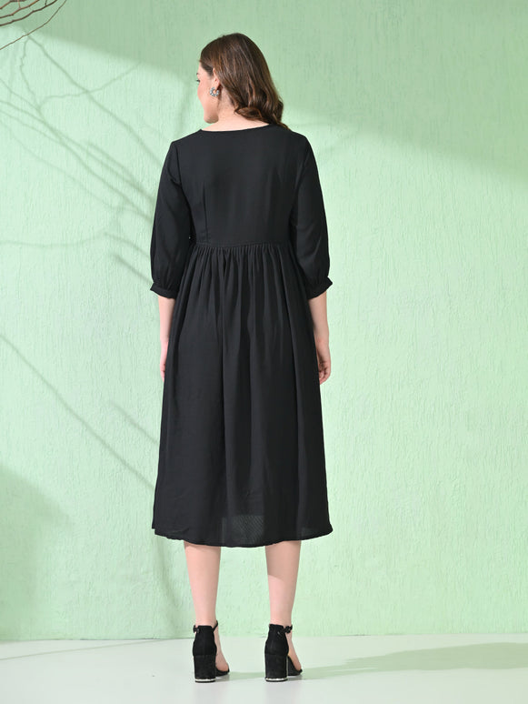 Myshka Women's Flared Knee Length Embroidered Black Dress