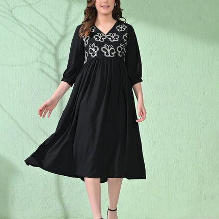 Myshka Women's Flared Knee Length Embroidered Black Dress