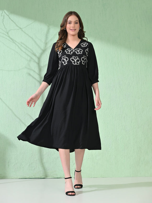 Myshka Women's Flared Knee Length Embroidered Black Dress