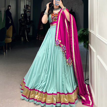 Lorenvalley Seagreen Pure Rayon Embossed Design Lace Touch Up Lehenga Choli with Dupatta