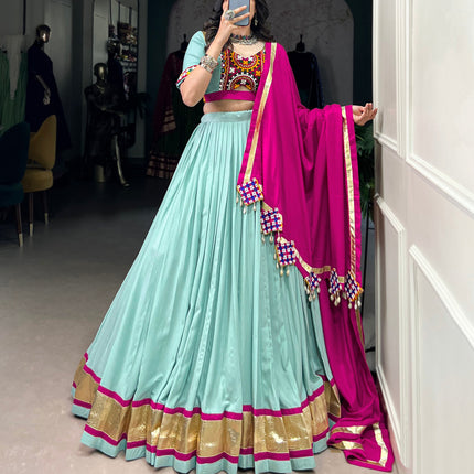 Lorenvalley Seagreen Pure Rayon Embossed Design Lace Touch Up Lehenga Choli with Dupatta