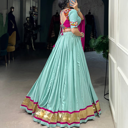 Lorenvalley Seagreen Pure Rayon Embossed Design Lace Touch Up Lehenga Choli with Dupatta