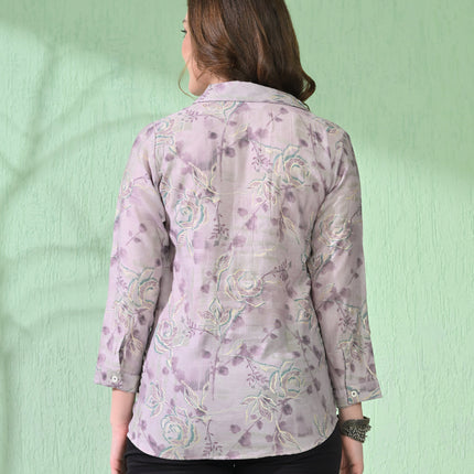Myshka Women's Causal Printed Shirt Style Embroidered Top Lavender Color