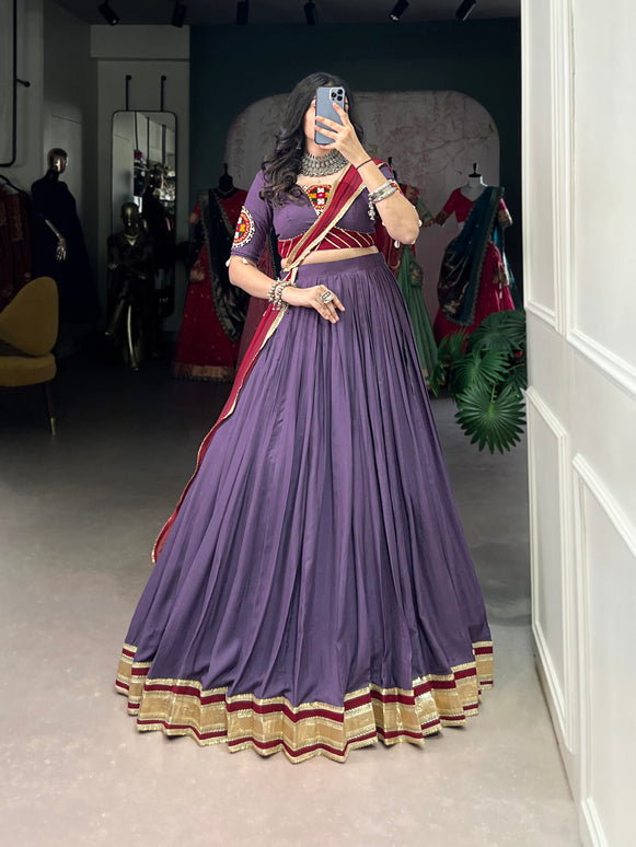 Lorenvalley Mauve Pure Rayon Embossed Design With Sequins Lace Border Lehenga Choli with Dupatta