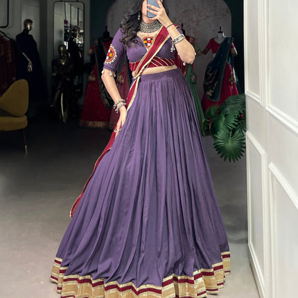 Lorenvalley Mauve Pure Rayon Embossed Design With Sequins Lace Border Lehenga Choli with Dupatta