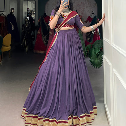 Lorenvalley Mauve Pure Rayon Embossed Design With Sequins Lace Border Lehenga Choli with Dupatta