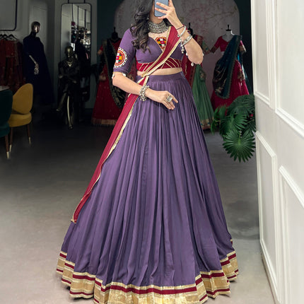 Lorenvalley Mauve Pure Rayon Embossed Design With Sequins Lace Border Lehenga Choli with Dupatta