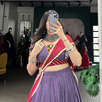 Lorenvalley Mauve Pure Rayon Embossed Design With Sequins Lace Border Lehenga Choli with Dupatta