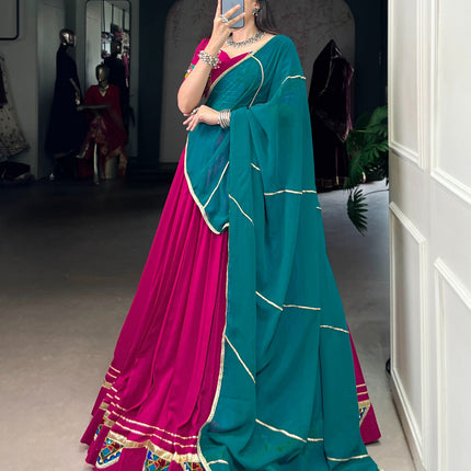 Lorenvalley Fashion Pink Pure Rayon Gamthi Work With Embossed Design And Lace Touch Up Lehenga Choli with Dupatta