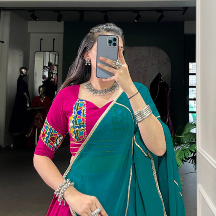 Lorenvalley Fashion Pink Pure Rayon Gamthi Work With Embossed Design And Lace Touch Up Lehenga Choli with Dupatta