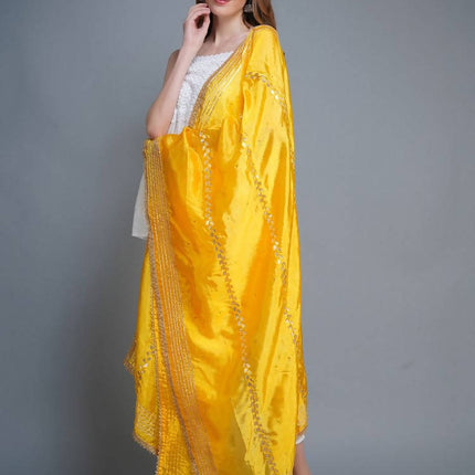 Shehnaai Golden Yellow Artsilk Dupatta With Sarwoski And Gota Aari Embroidery