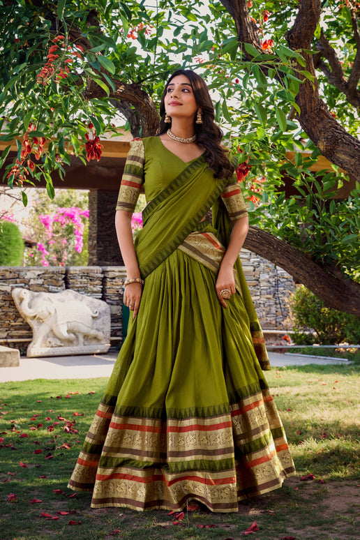 Lorenvalley Mehendi Pure Chanderi Plain With Zari Weaving Work Border Lehenga Choli with Dupatta