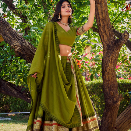 Lorenvalley Mehendi Pure Chanderi Plain With Zari Weaving Work Border Lehenga Choli with Dupatta