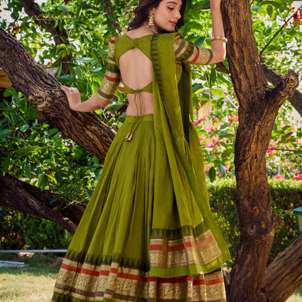 Lorenvalley Mehendi Pure Chanderi Plain With Zari Weaving Work Border Lehenga Choli with Dupatta