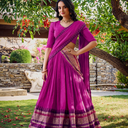 Lorenvalley Magenta Pure Chanderi Plain With Zari Weaving Work Border Lehenga Choli with Dupatta