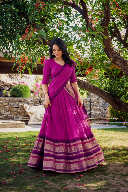 Lorenvalley Magenta Pure Chanderi Plain With Zari Weaving Work Border Lehenga Choli with Dupatta