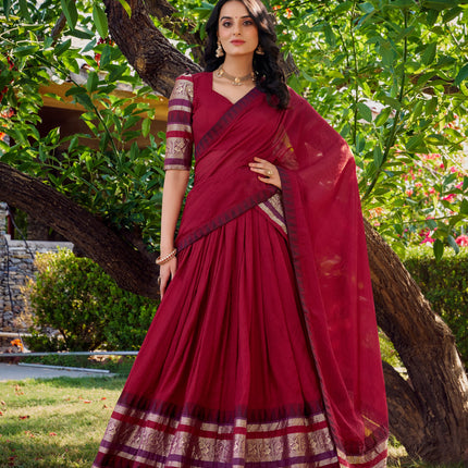 Lorenvalley Maroon Pure Chanderi Plain With Zari Weaving Work Border Lehenga Choli with Dupatta