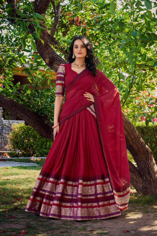Lorenvalley Maroon Pure Chanderi Plain With Zari Weaving Work Border Lehenga Choli with Dupatta