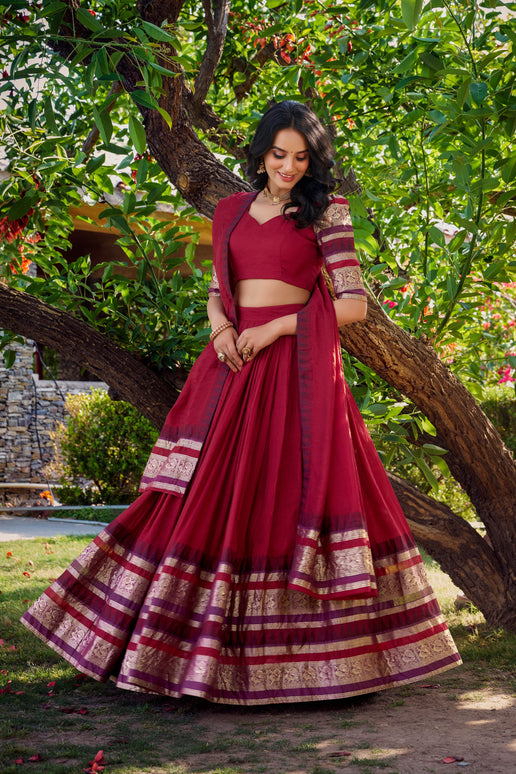 Lorenvalley Maroon Pure Chanderi Plain With Zari Weaving Work Border Lehenga Choli with Dupatta