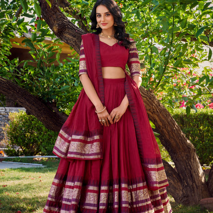 Lorenvalley Maroon Pure Chanderi Plain With Zari Weaving Work Border Lehenga Choli with Dupatta