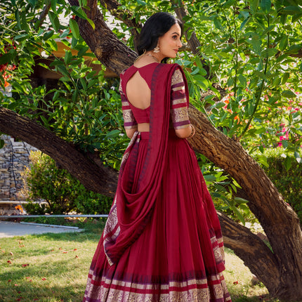 Lorenvalley Maroon Pure Chanderi Plain With Zari Weaving Work Border Lehenga Choli with Dupatta