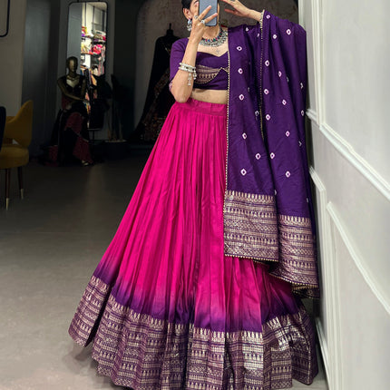 Lorenvalley Pink Chanderi Color Padding With Zari Weaving Work Border Lehenga Choli with Dupatta