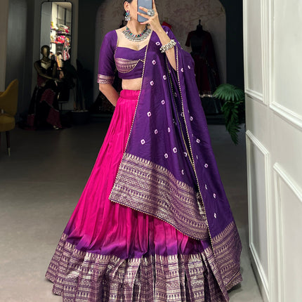 Lorenvalley Pink Chanderi Color Padding With Zari Weaving Work Border Lehenga Choli with Dupatta