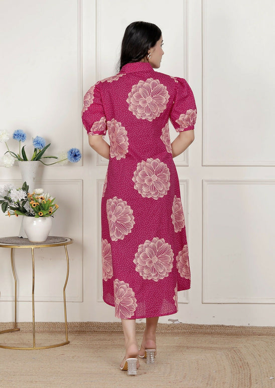 Miravan Womens Pink Printed Collar Neck Short Puff Sleeves Cotton A-Line Maxi Dress