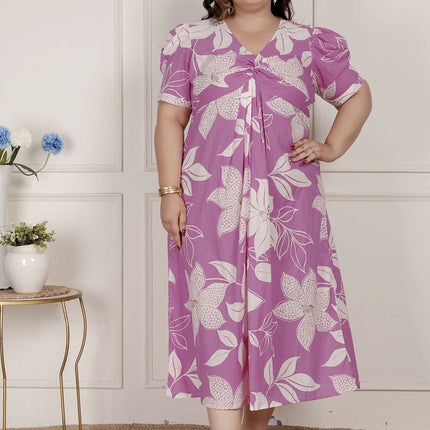 Miravan Womens Plus Size Pink Floral Print Puff Sleeve Pure Cotton Fit Flare Butterfly Maxi Dress