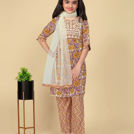 Divine Drape Girls Poly Cotton Yellow Embroidered Straight Kids Kurta Pant With Dupatta