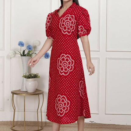 Miravan Womens Red Bandhani Printed Collar Neck Maxi Dress