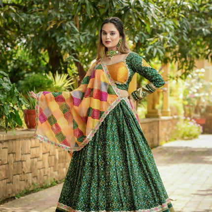 Aastha Fashion Green Gaji Soft Silk Discharge Print + Embroidery Zari / Thread / Sequence Work Lace Semi Stitched Wedding Wear Lehenga Choli