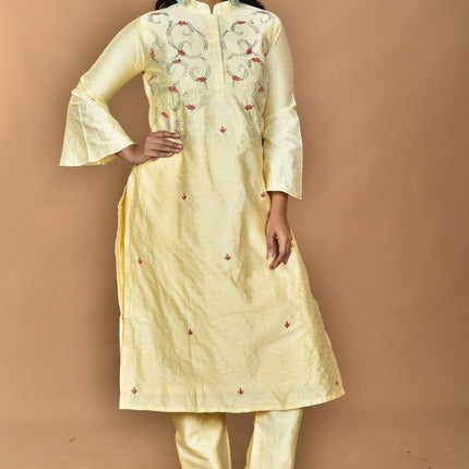 Morchari Women And Hand Embroidery Co-Ord Set-Lemon- Yellow
