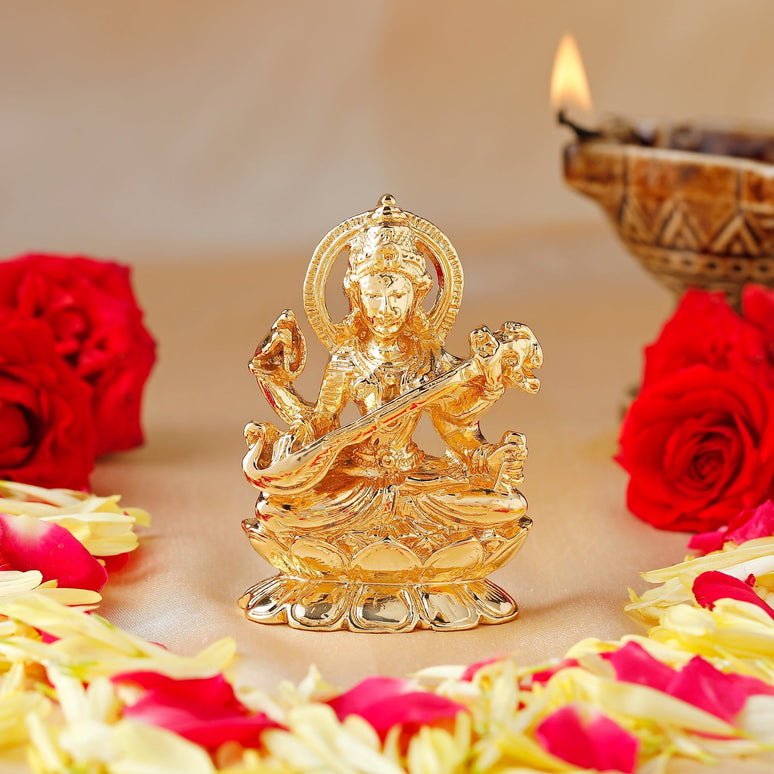 Estele Gold-Polished Goddess of Knowledge Sarasavti Ma Idol for Pooja & Car decor