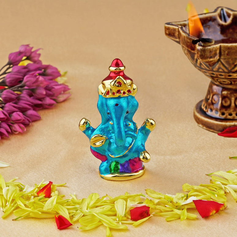 Estele Gold-Polished Spiritual Lord Ganesha Idol with multi-color Stone Type:Enamel for Gifts & HouseWarming/Home/Office Decors