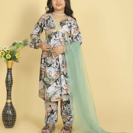 Divine Drape Girls Roman Slub Grey Printed Straight Kids Kurta Pant With Dupatta