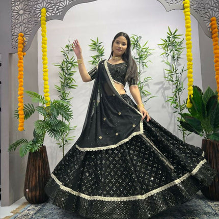 Aastha Fashion Black Heavy Georgette Heavy Embroidery+ Sequence +Ready Lace Semi Stitched Wedding Wear Lehenga Choli