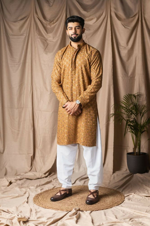 Occur Yellow Rayon Thread Embroidery Work Kurta Set - Mahotsav