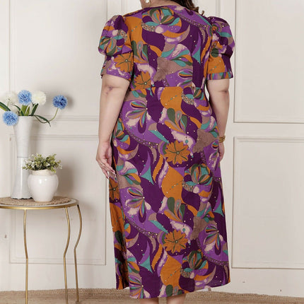 Miravan Womens Plus Size Floral Print Puff Sleeve Pure Cotton Magenta Butterfly Maxi Dress