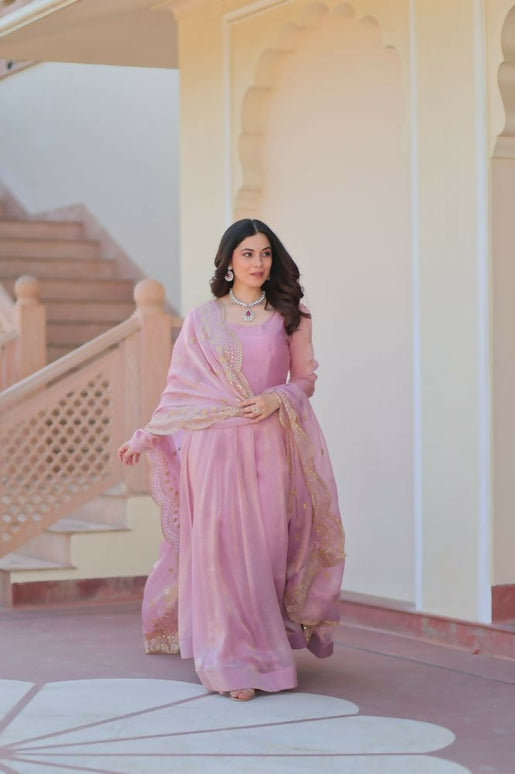 Aastha Fashion Pink Fendy Chiffon 12 Kali Stitched Party Wear Designer Gown